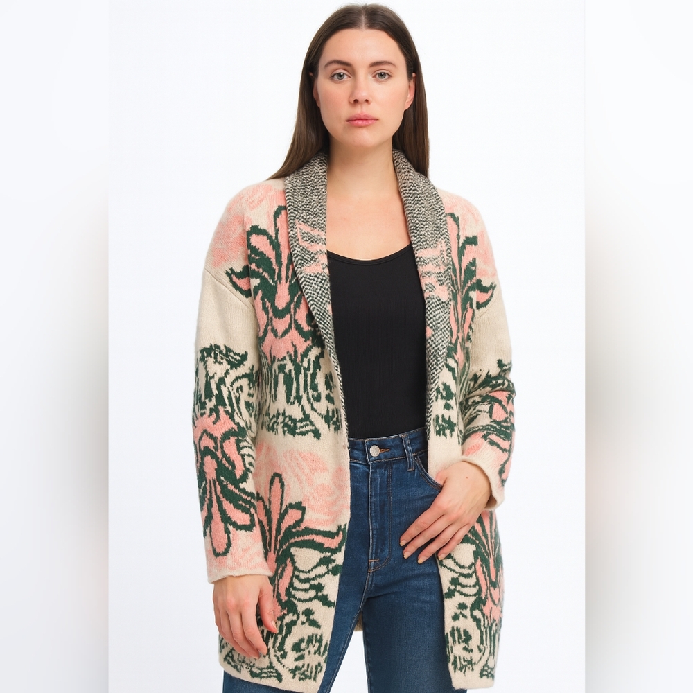 Miami Womens Cardigan Sweater‎ Cream Pink Green Floral Collar Knit Size S